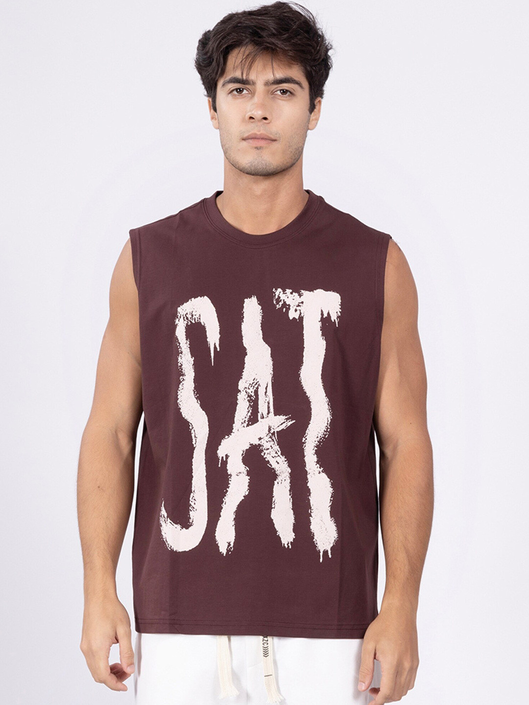 

DIMEH Typography Printed Sleeveless Relaxed Fit T-shirt, Coffee brown