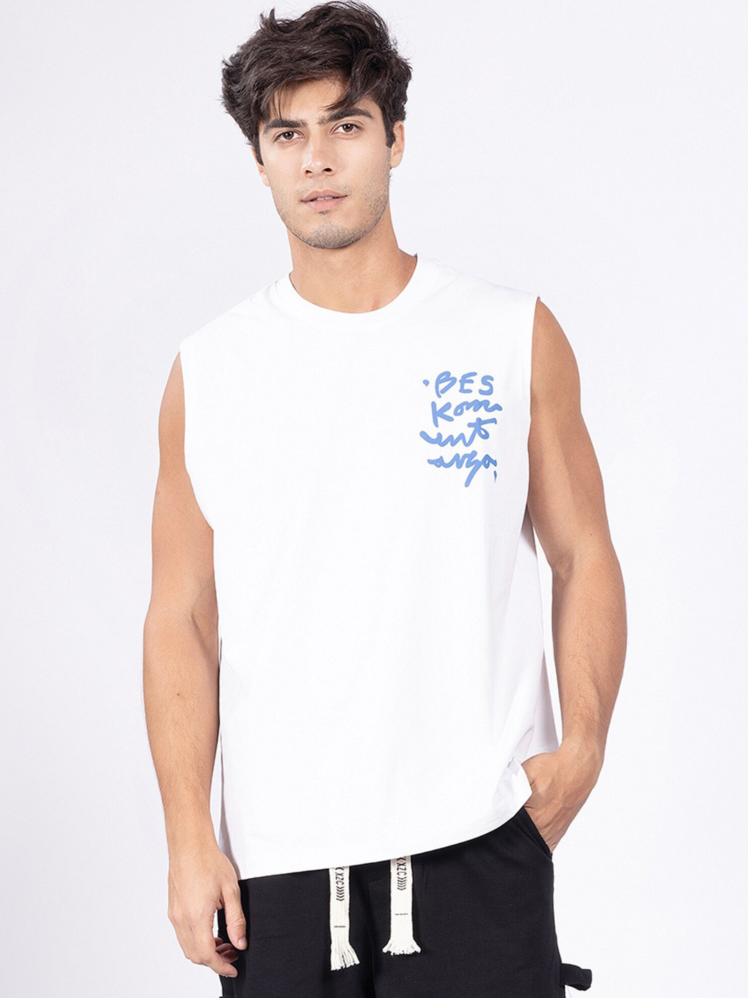 

DIMEH Typography Printed Sleeveless Cotton Relaxed Fit T-shirt, White
