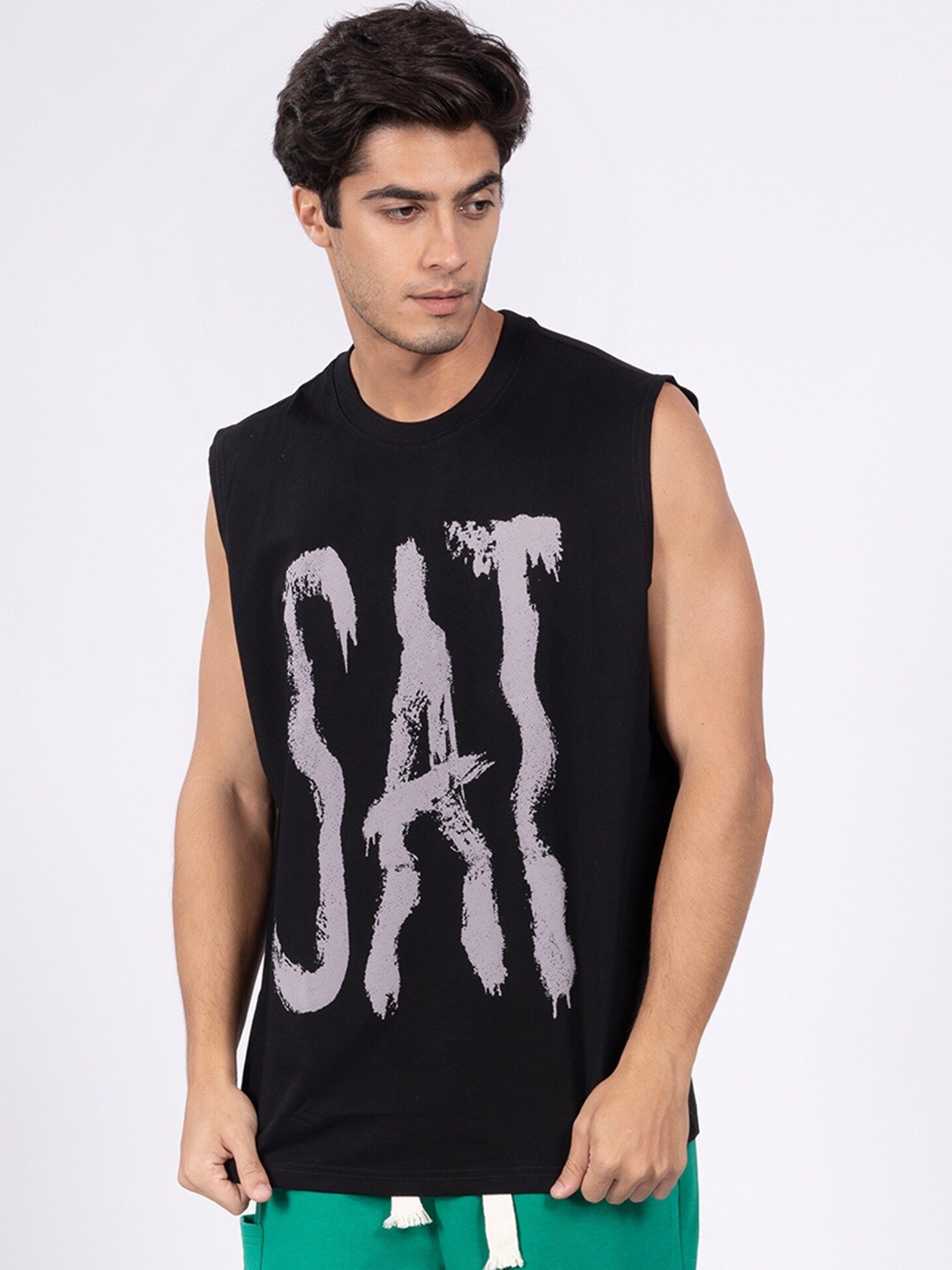 

DIMEH Typography Printed Sleeveless Relaxed Fit T-shirt, Black