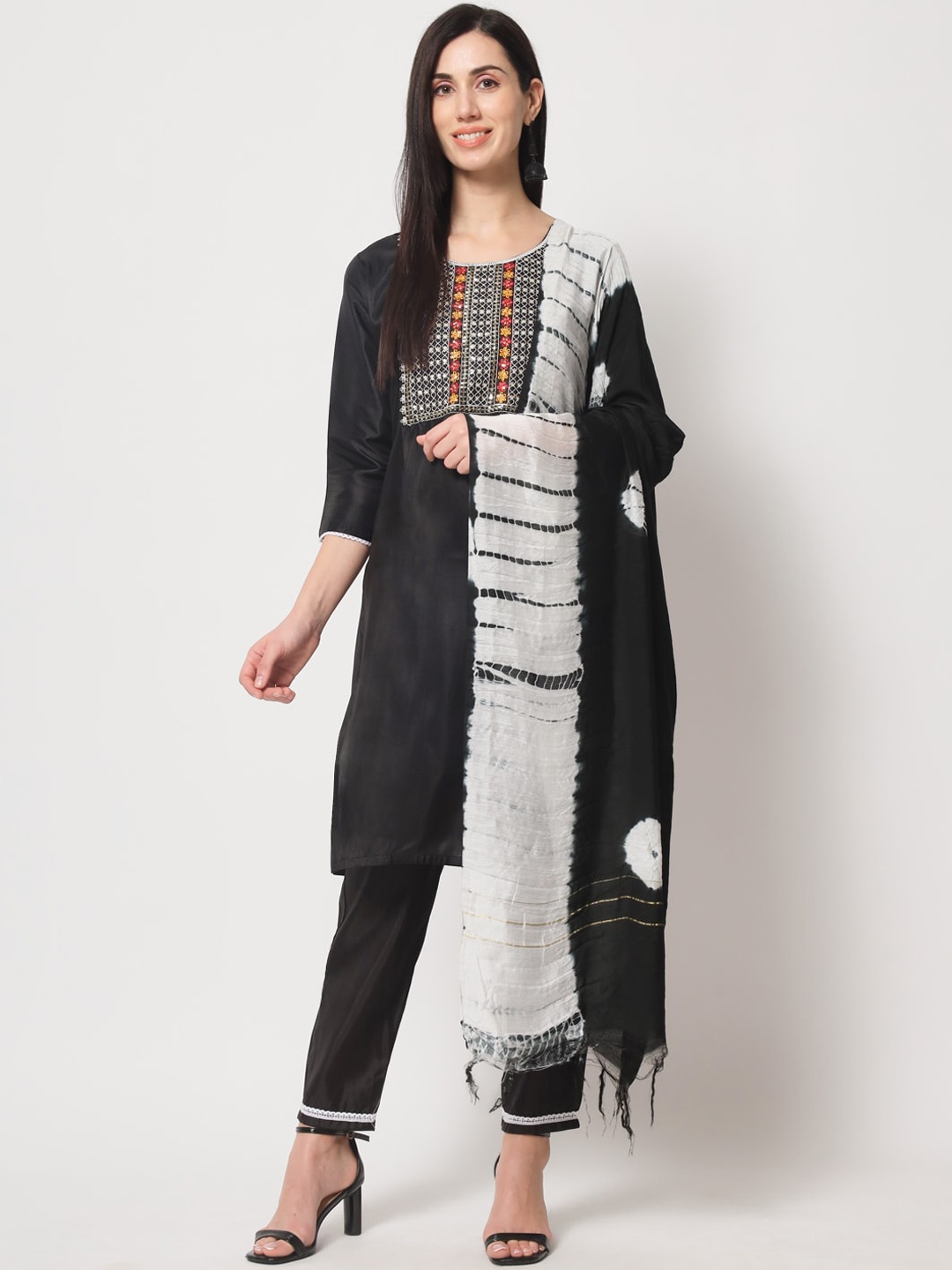 

S.K.C Round Neck Ethnic Motifs Embroidered Regular Kurta Set, Black