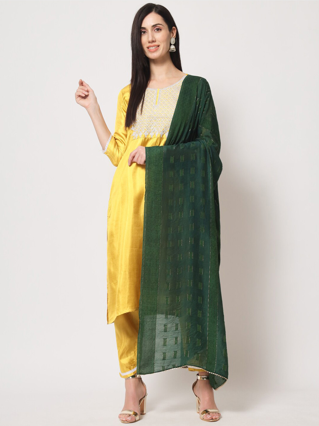 

S.K.C Round Neck Ethnic Motifs Yoke Design Regular Thread Work Straight Kurta Set, Lime green