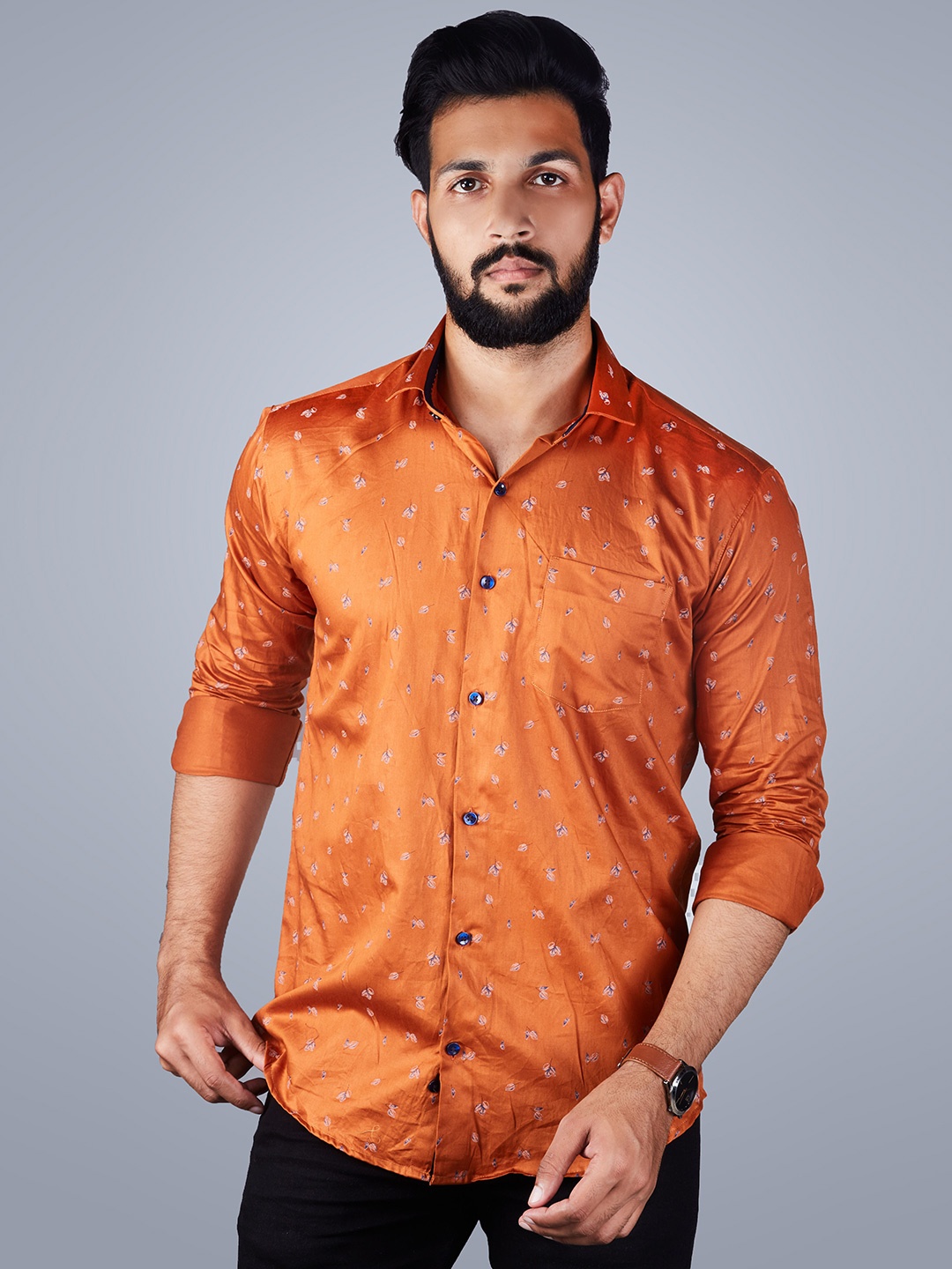 

INDIAN THREADS Comfort Printed Cotton Shirt, Orange