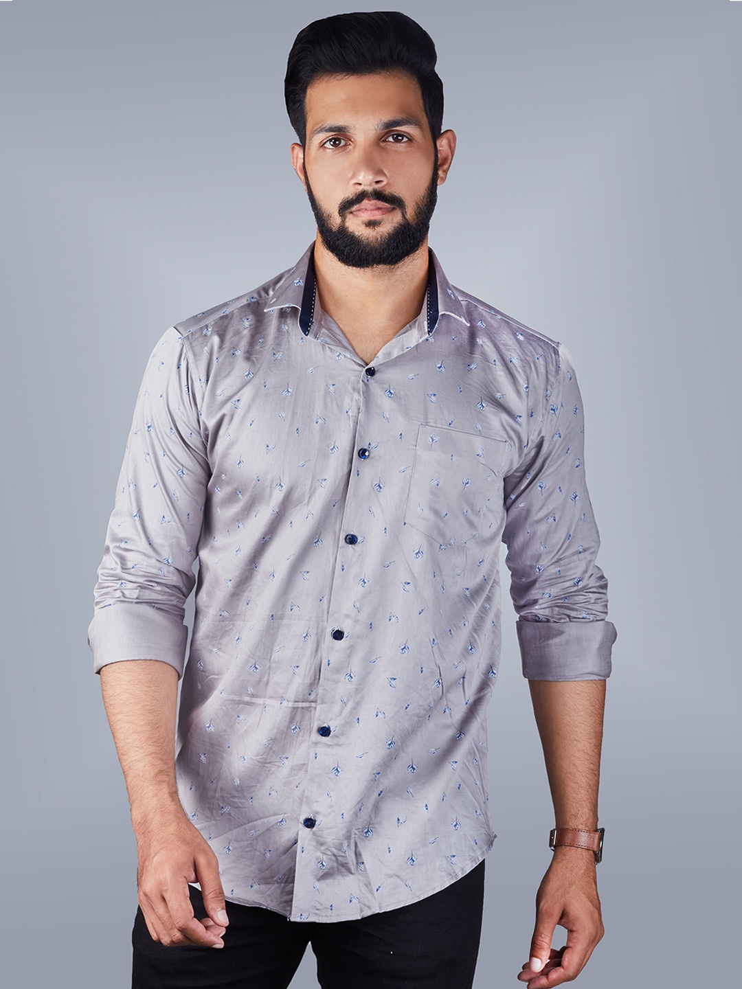 

INDIAN THREADS Comfort Printed Cotton Shirt, Grey