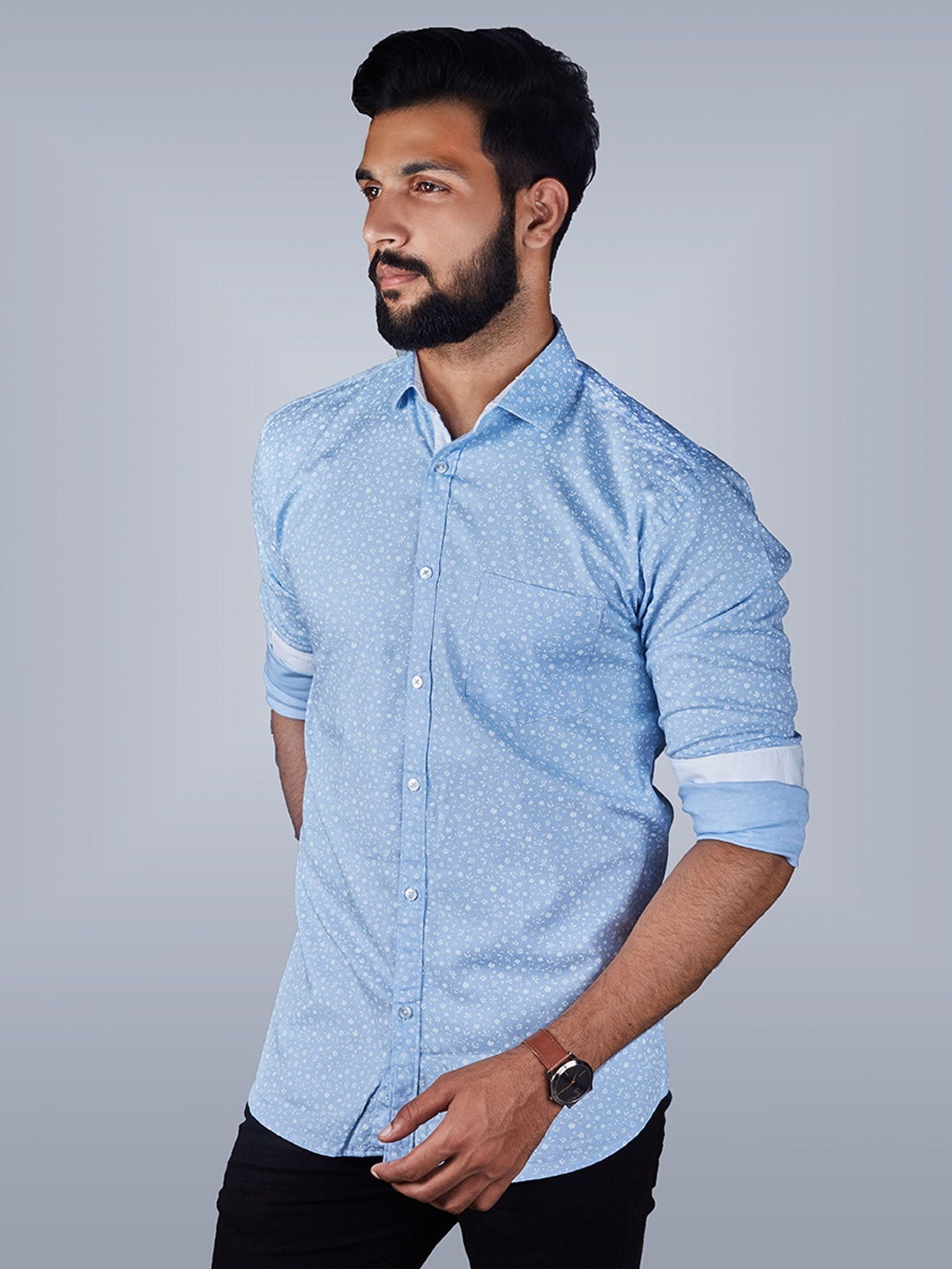 INDIAN THREADS Comfort Printed Formal Shirt, Blue