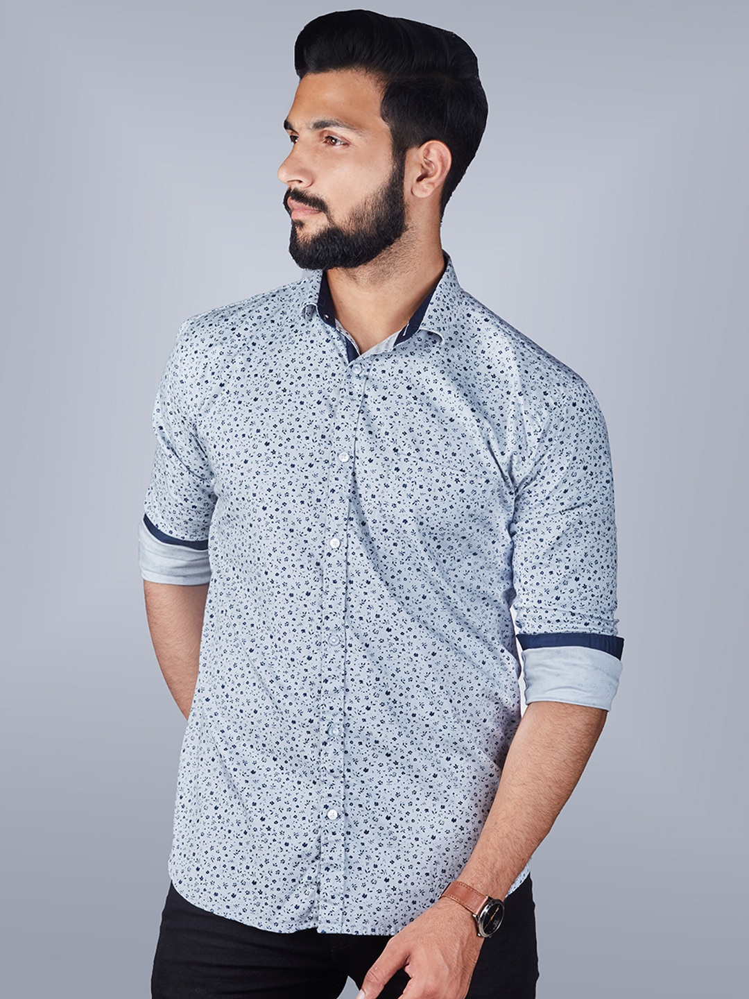 

INDIAN THREADS Comfort Floral Printed Cotton Shirt, Blue