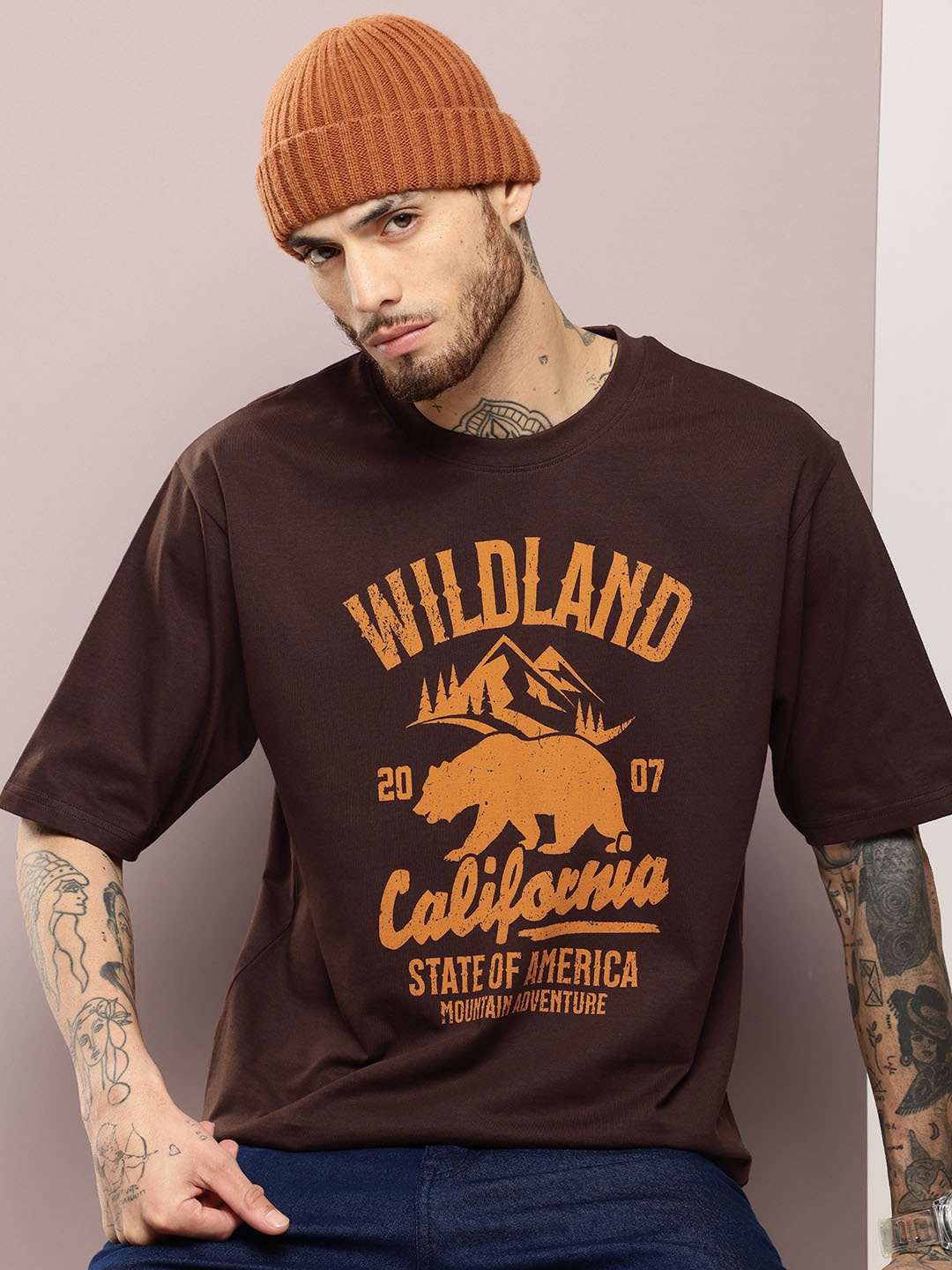 

DILLINGER Men Graphic Printed Oversized T-shirt, Brown