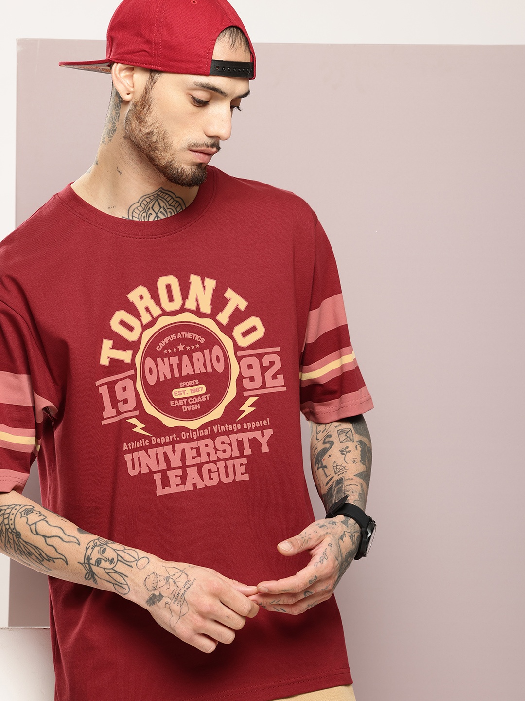 

DILLINGER Men Typography Printed Oversized T-shirt, Maroon
