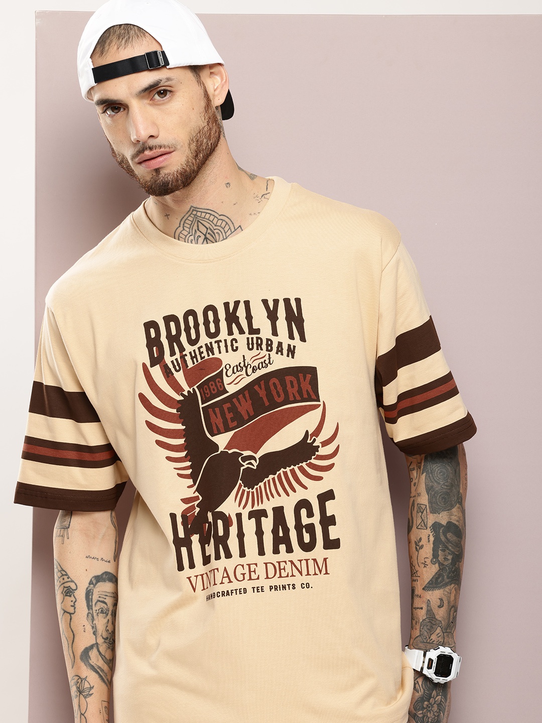 

DILLINGER Men Graphic Printed Oversized T-shirt, Beige