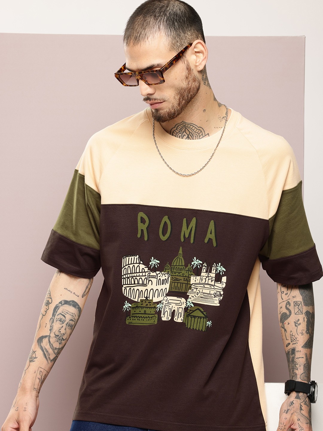 

DILLINGER Men Graphic Printed Oversized T-shirt, Brown