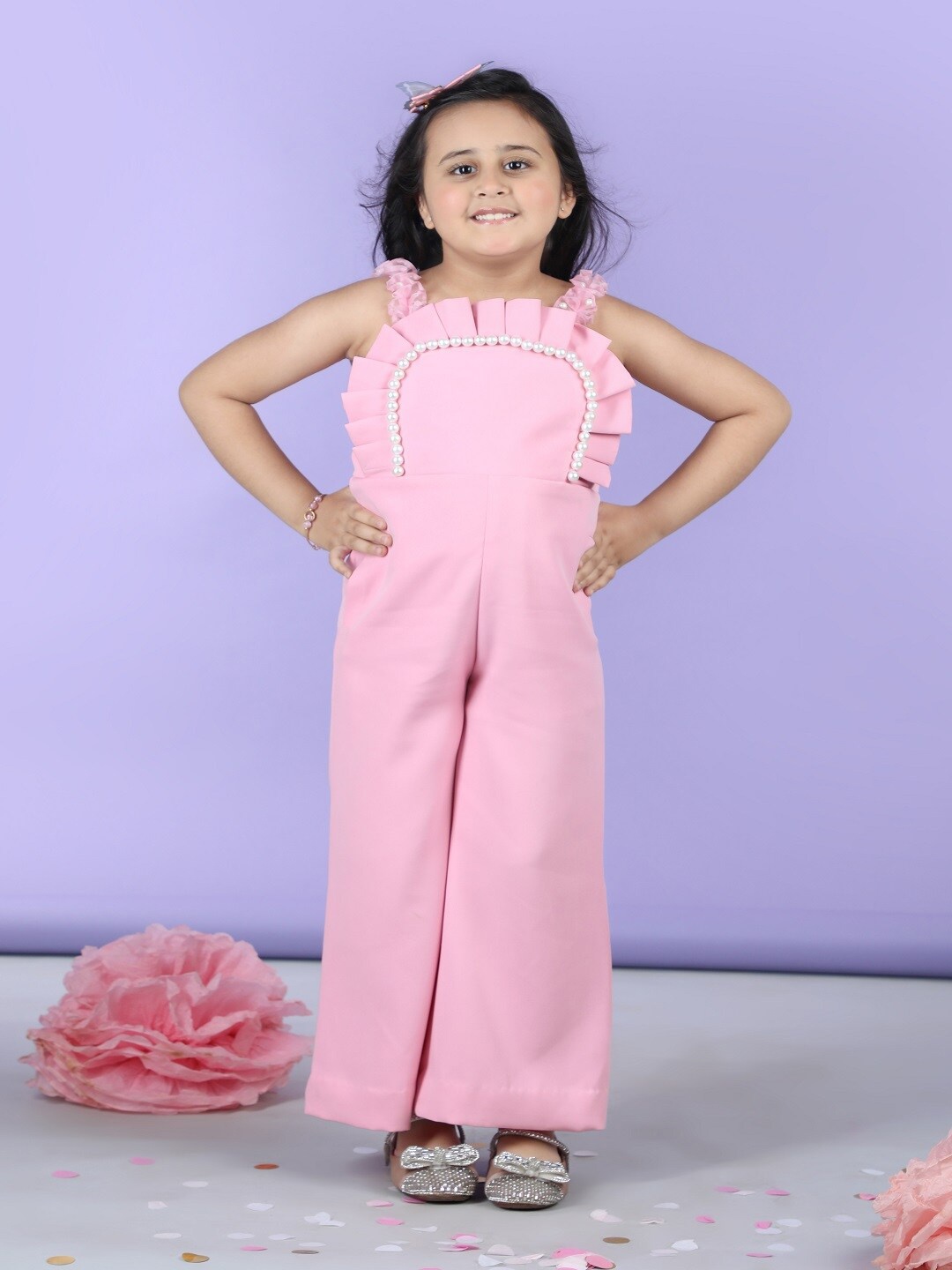 

THE LITTLE CELEBS Girls Shoulder Straps Basic Jumpsuit, Pink