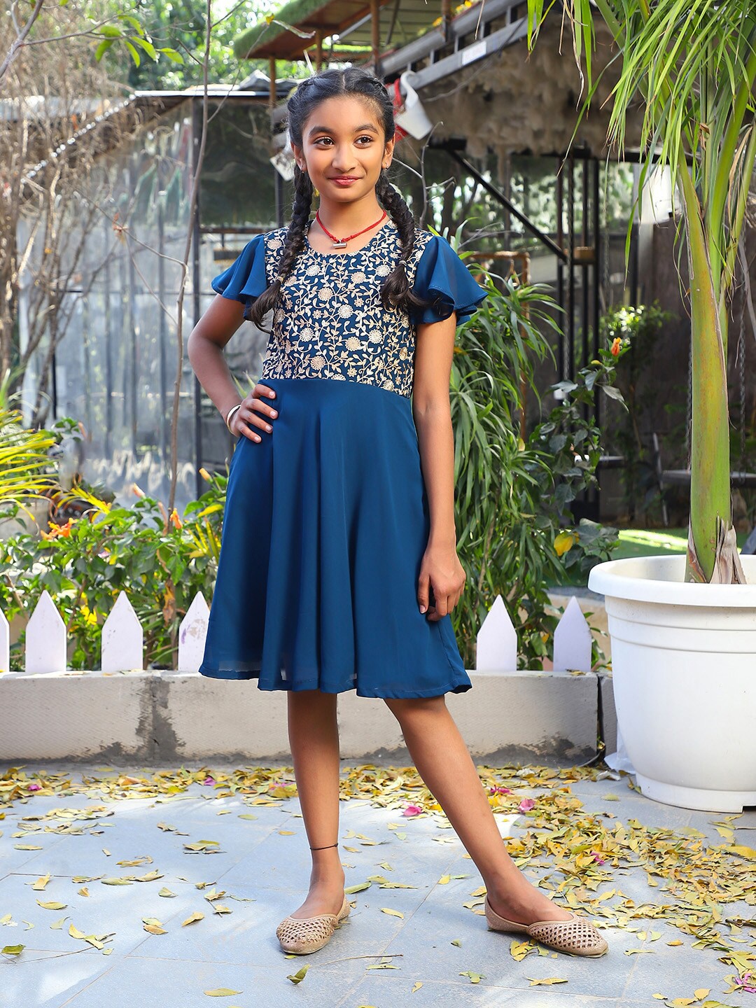 Aks Girls Floral Print Flared Sleeves Georgette Fit & Flare Dress, Blue