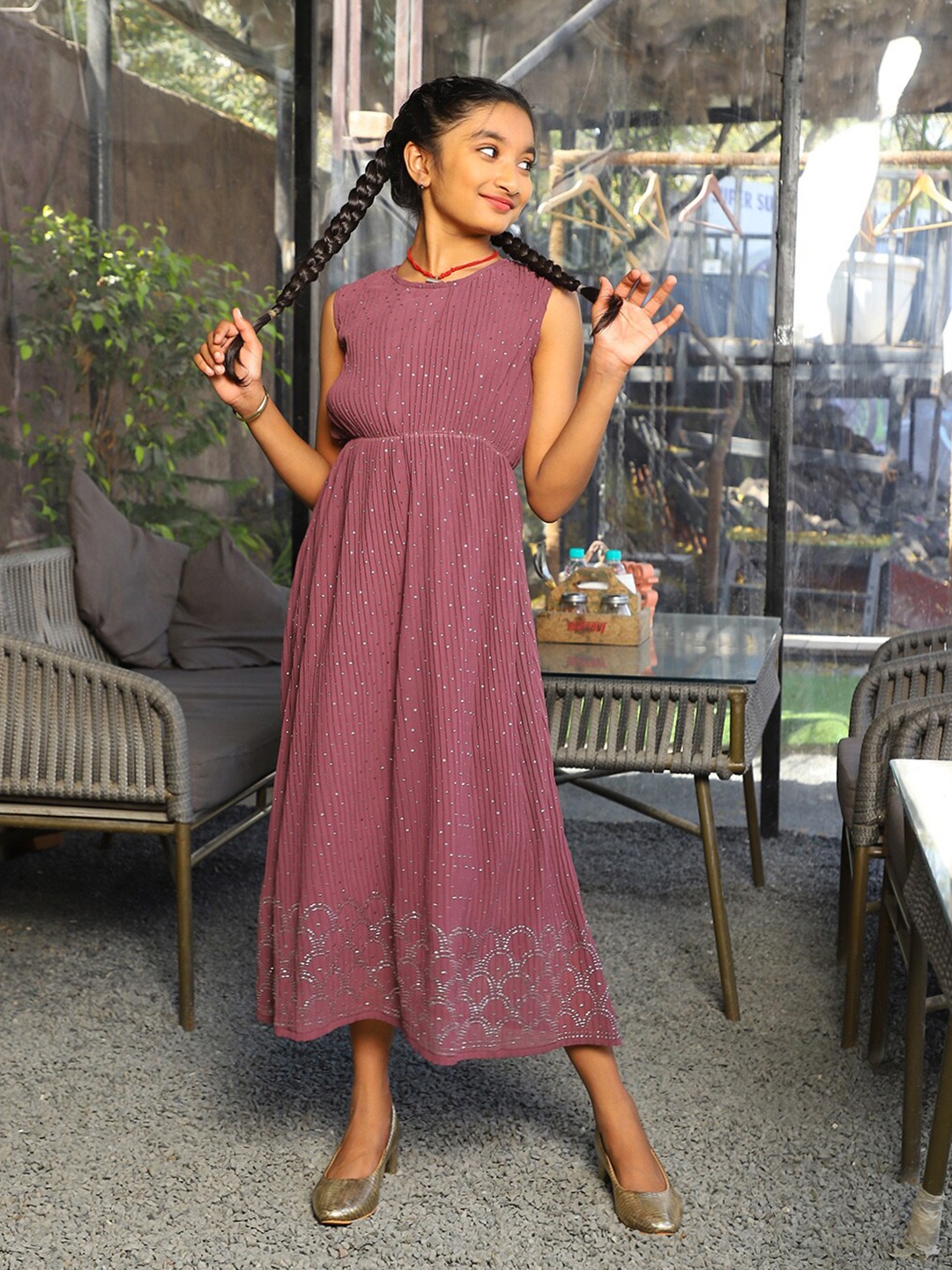 

Aks Girls Round Neck Embellished Georgette A-Line Midi Dress, Mauve