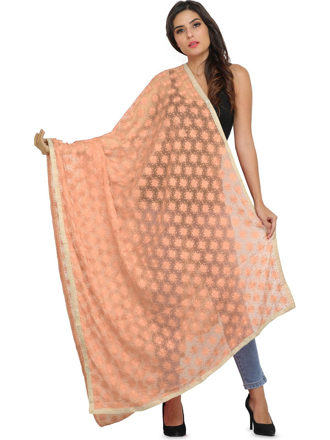 

Exotic India Peach Nectar Phulkari Dupatta with Embroidered Bootis in Self-color Thread, Orange