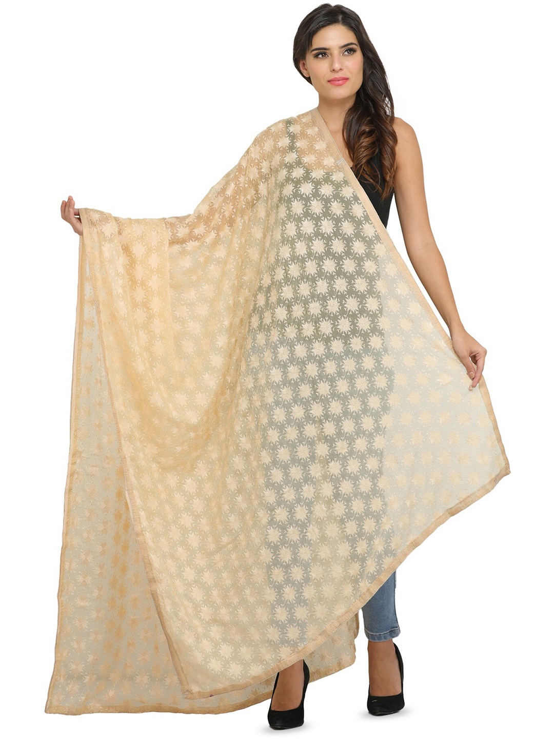 

Exotic India Italian Straw Phulkari Dupatta with Embroidered Bootis in Self-color Thread, Beige