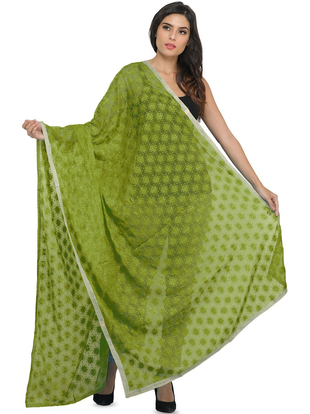 

Exotic India Oasis Phulkari Chiffon Dupatta with Embroidered Bootis in Self-color Thread, Green