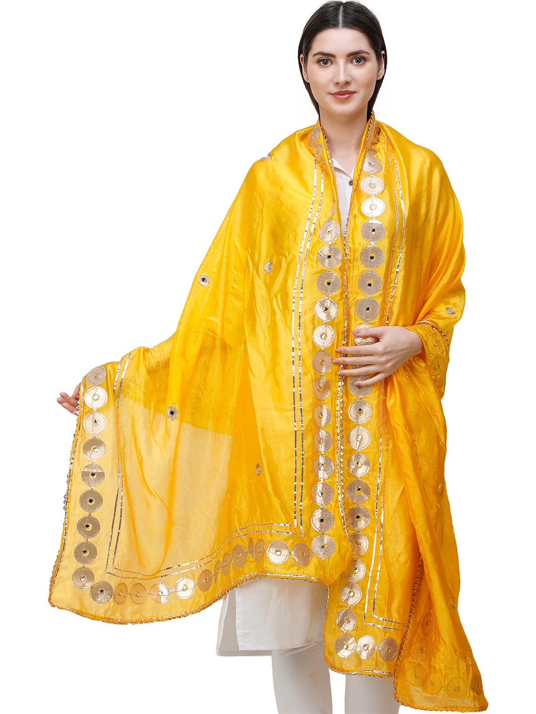 

Exotic India Zinnia Art Silk Dupatta and Embellished with Patch Border, Yellow