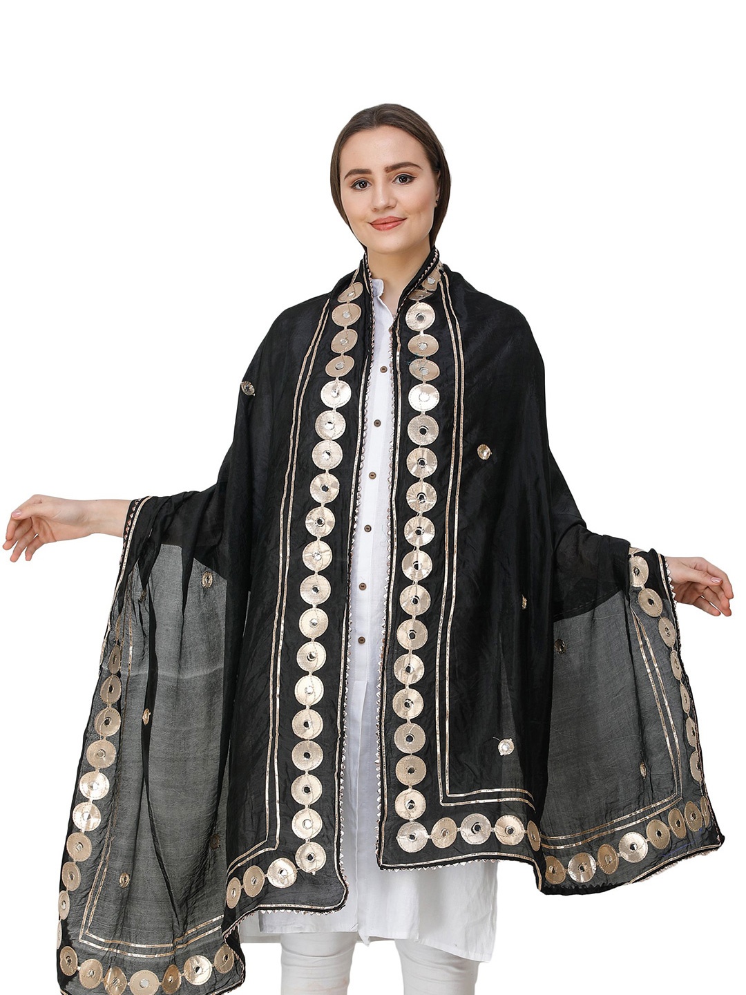 

Exotic India Caviar Black Art Silk Dupatta and Embellished with Patch Border