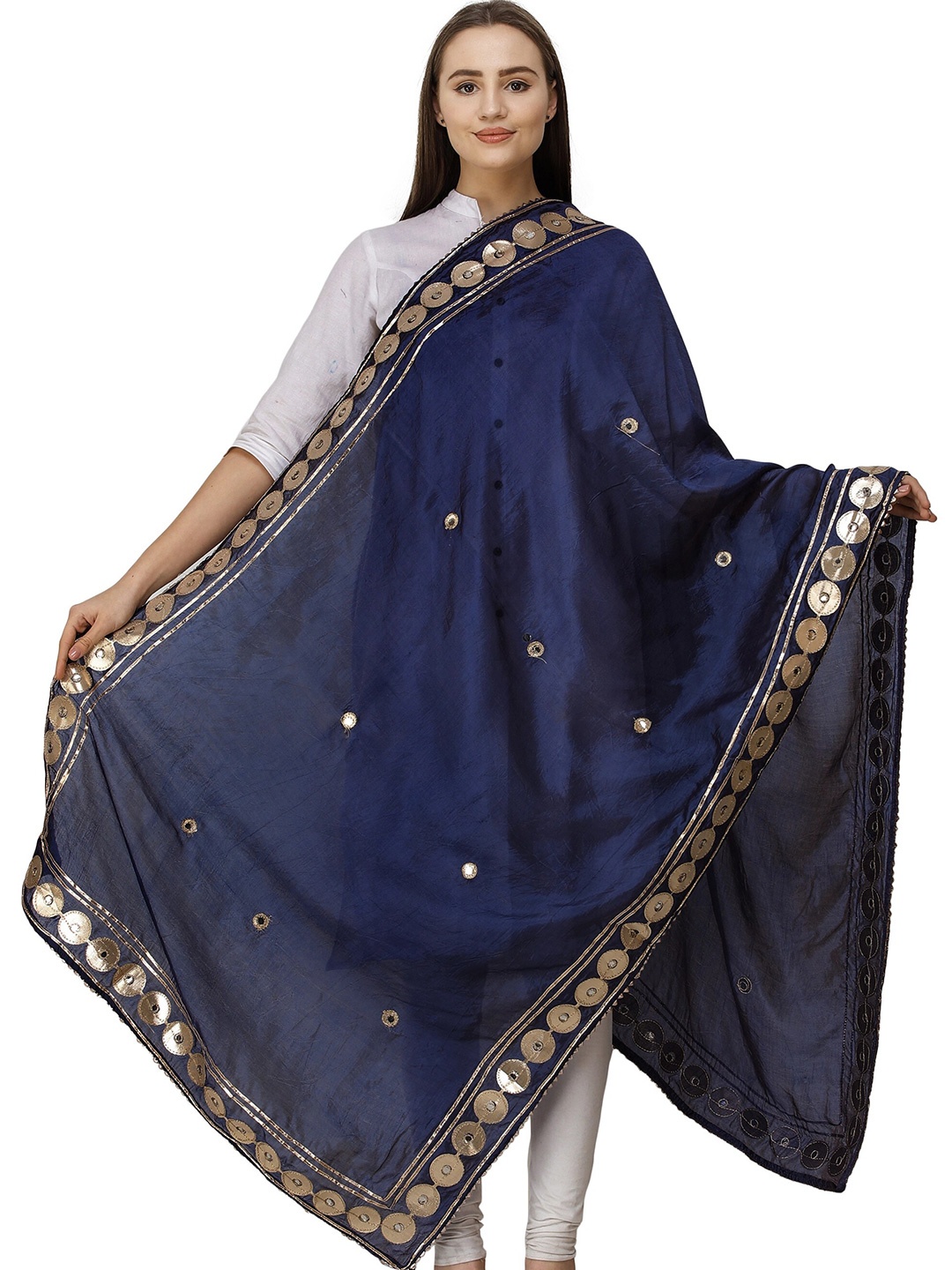 

Exotic India Patriot Blue Art Silk Dupatta and Embellished with Patch Border