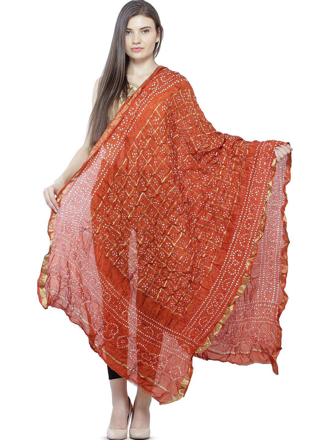 

Exotic India Woven Design Bandhani Dupatta with Zari, Red