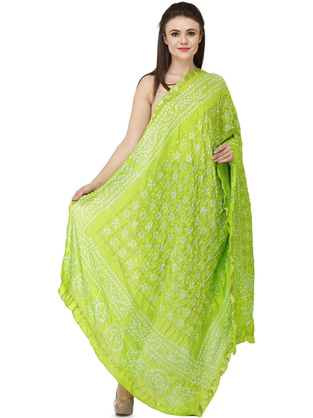 

Exotic India Limegreen Bandhani Tie-Dye Gharchola Silk Dupatta with Golden Thread Weave, Green