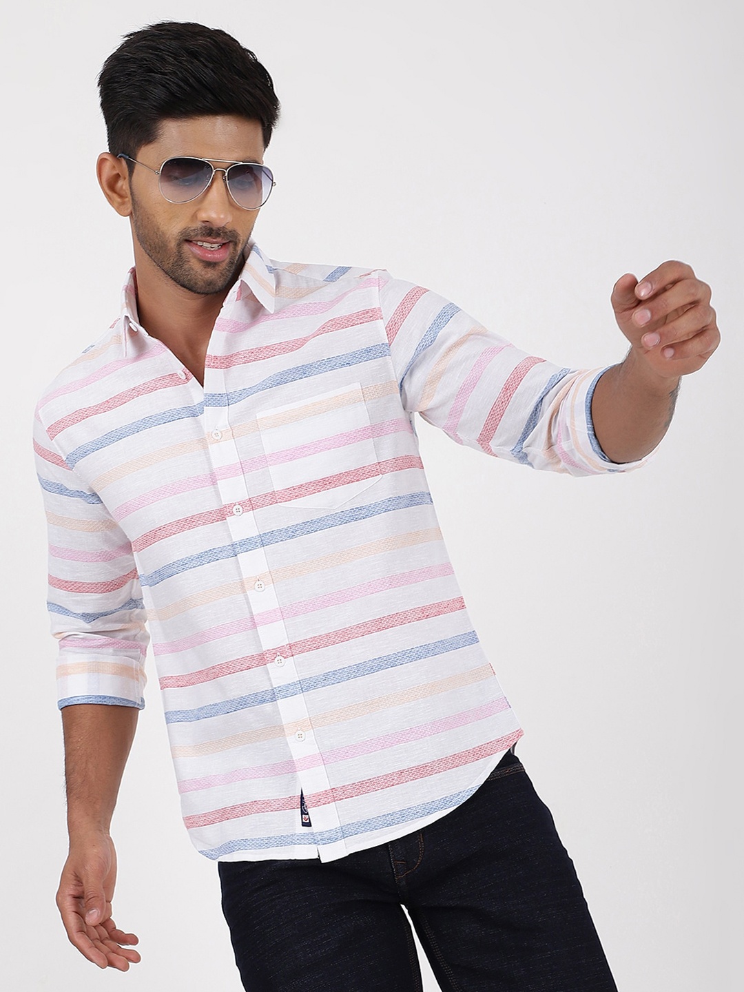 

Greenfibre Horizontal Stripes Spread Collar Slim Fit Cotton Casual Shirt, Pink