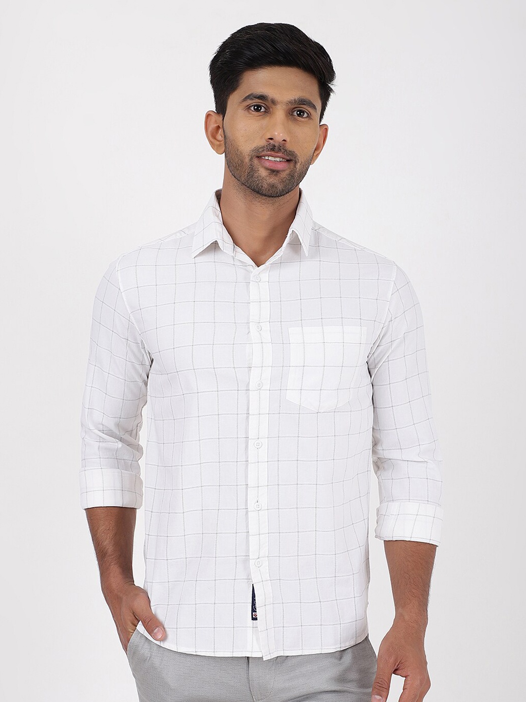 

Greenfibre Windowpane Checks Cutaway Collar Cotton Slim Fit Shirt, White
