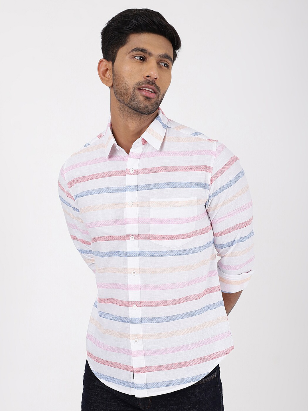 

Greenfibre Slim Fit Horizontal Stripes Cotton Casual Shirt, Pink