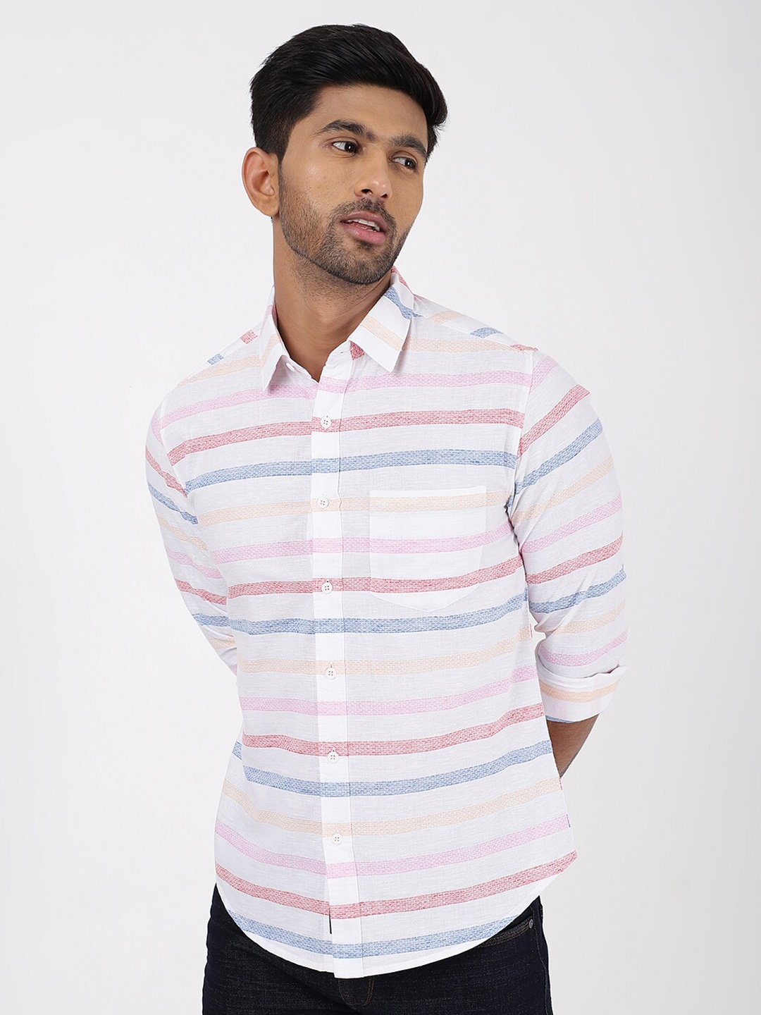 

Greenfibre Horizontal Striped Cutaway Collar Slim Fit Cotton Casual Shirt, Pink