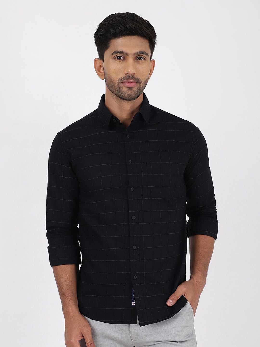 

Greenfibre Horizontal Stripes Cutaway Collar Cotton Slim Fit Shirt, Black