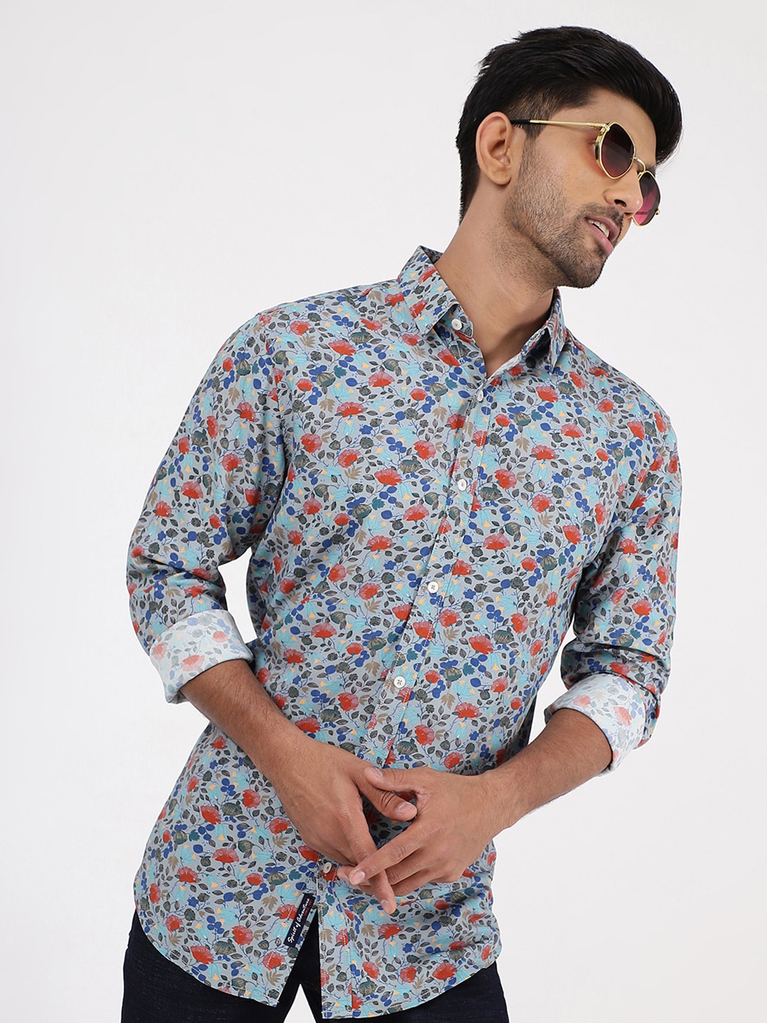 

JADE BLUE Slim Fit Floral Printed Spread Collar Long Sleeves Cotton Casual Shirt