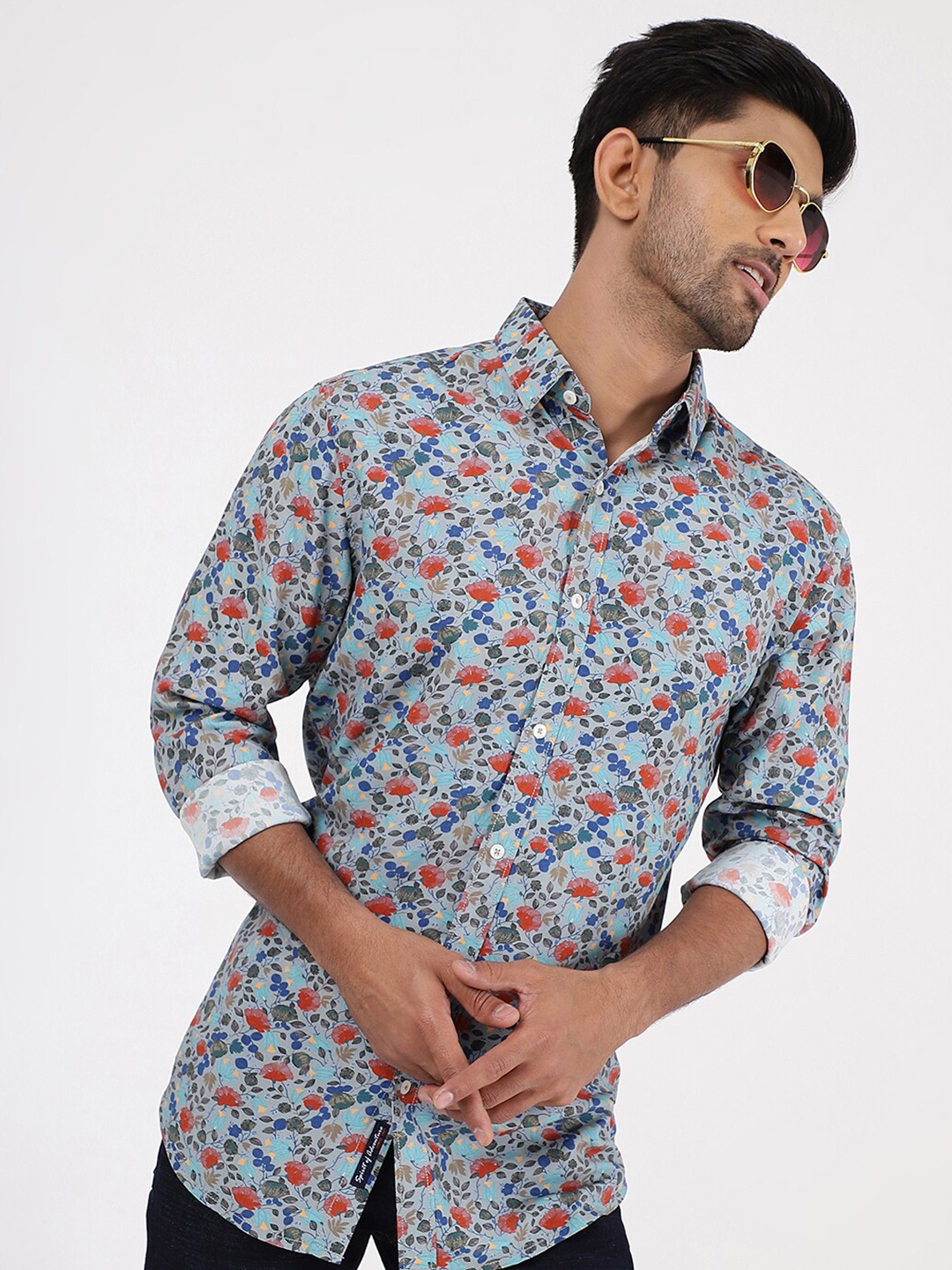 

JADE BLUE Slim Fit Floral Printed Spread Collar Long Sleeves Cotton Casual Shirt