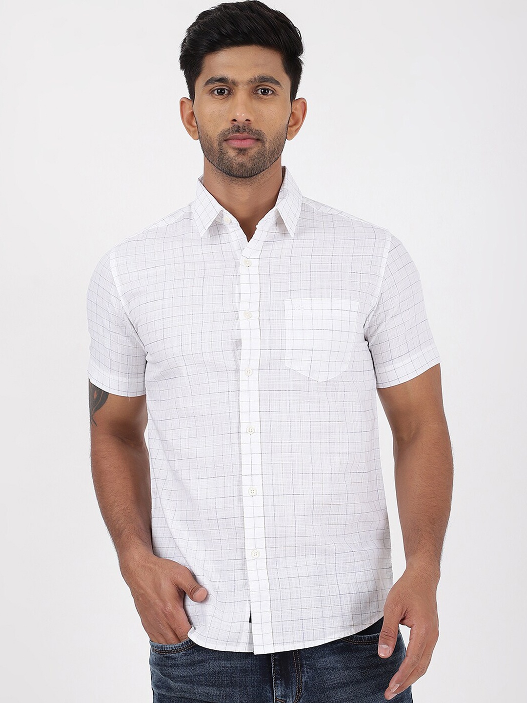 

JADE BLUE Slim Fit Windowpane Checks Cotton Casual Shirt, White