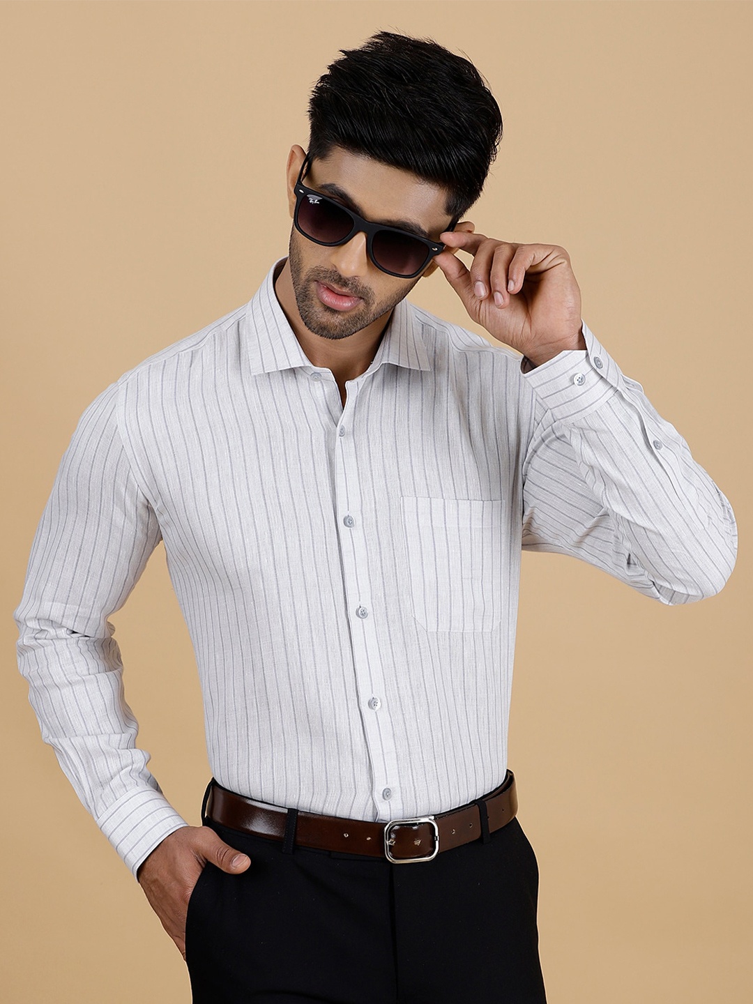 

JADE BLUE Striped Spread Collar Long Sleeves Linen Formal Shirt, Grey