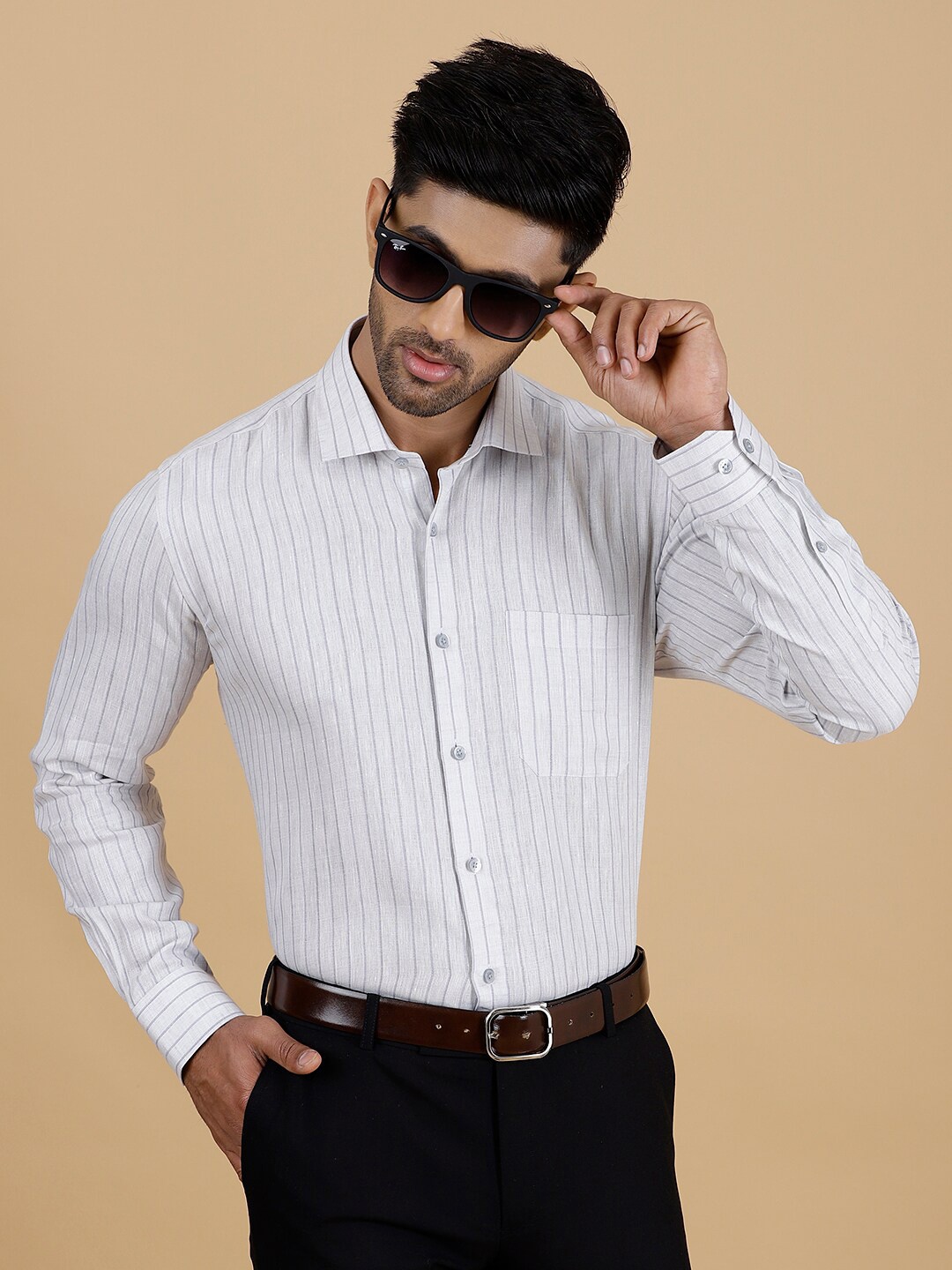 

JADE BLUE Vertical Stripes Linen Formal Shirt, Grey