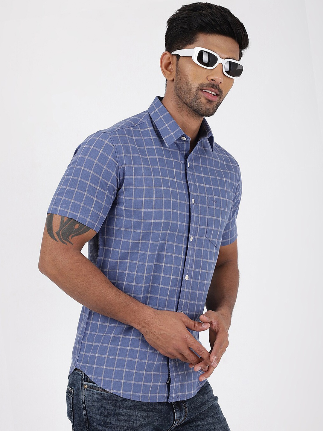 

JADE BLUE Slim Fit Checked Spread Collar Short Sleeves Cotton Casual Shirt