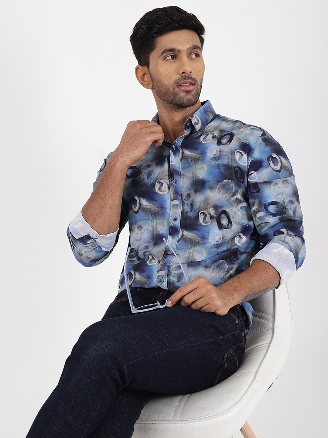

JADE BLUE Slim Fit Printed Spread Collar Long Sleeves Cotton Casual Shirt