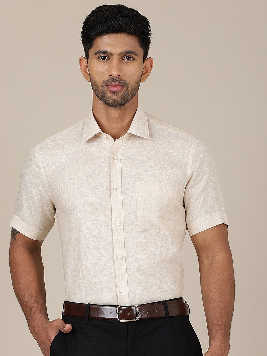 

JADE BLUE Spread Collar Short Sleeves Linen Formal Shirt, Beige