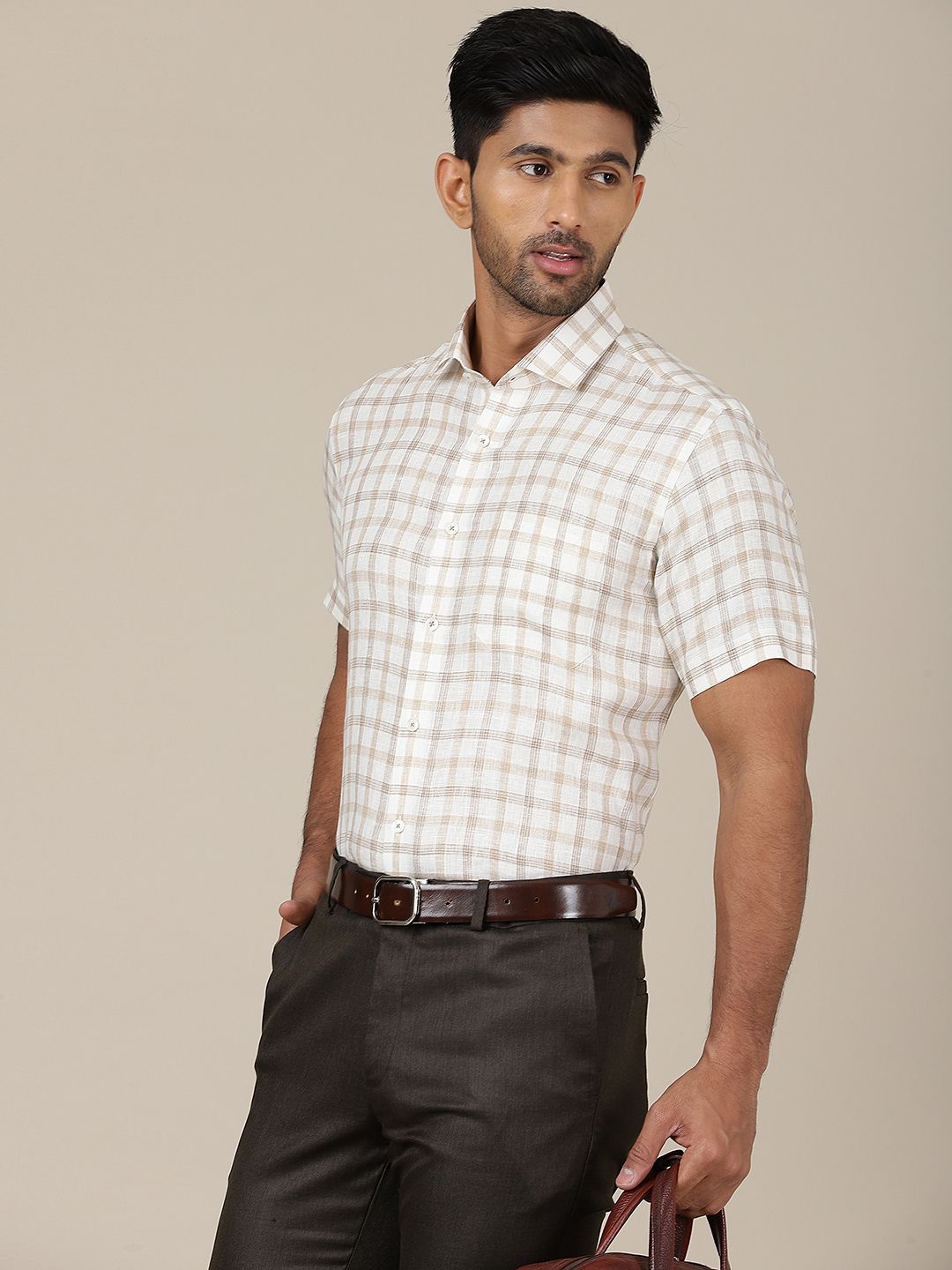 

JADE BLUE Checked Cutaway Collar Slim Fit Cotton Formal Shirt, Beige