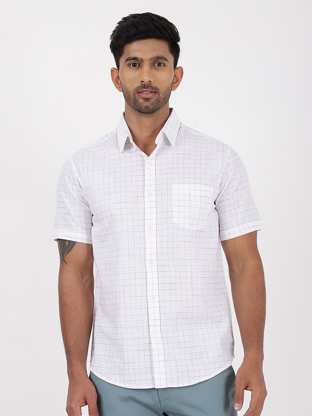 

JADE BLUE Slim Fit Grid Tattersall Checked Spread Collar Short Sleeves Cotton Casual Shirt, White