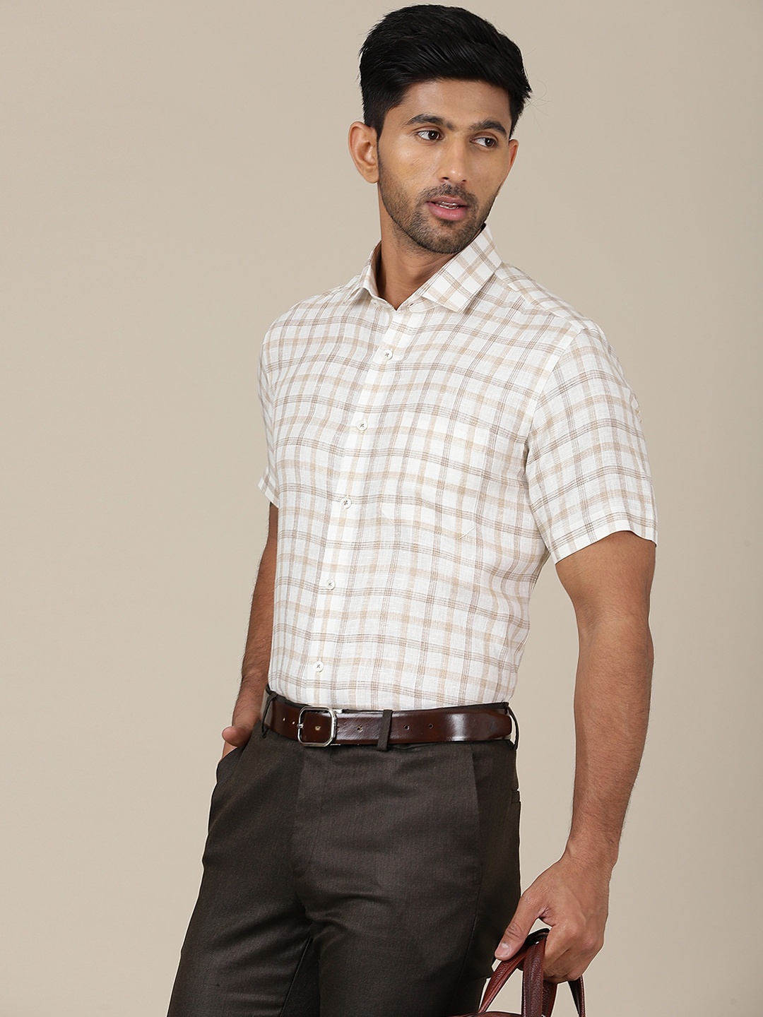 

JADE BLUE Gingham Checked Spread Collar Short Sleeves Linen Formal Shirt, Beige