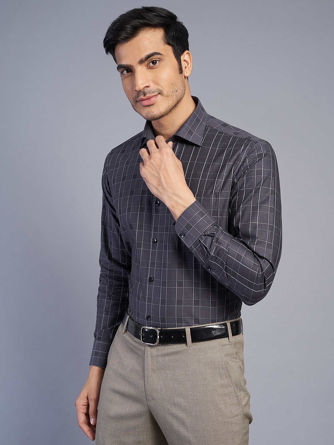 

METAL Slim Fit Grid Tattersall Checks Opaque Checked Cotton Formal Shirt, Grey