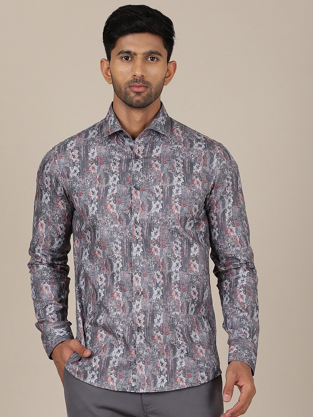 

WYRE Slim Fit Printed Spread Collar Party Shirt, Grey