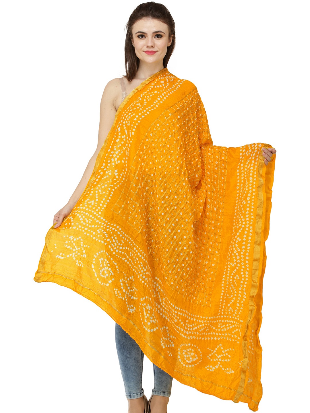 

Exotic India Citrus Yellow Bandhani Tie-Dye Gharchola Dupatta with Golden Thread Weave