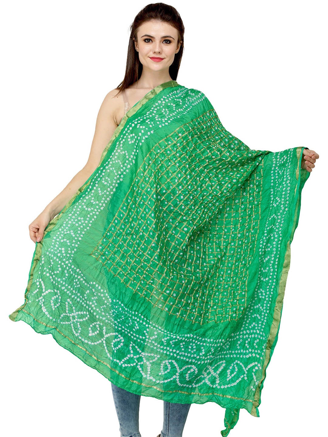 

Exotic India Bandhani Printed Tie & Dye Silk Zari Dupatta, Green