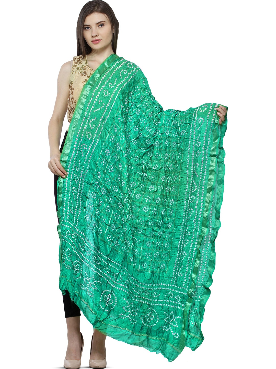 

Exotic India Golf Green Bandhani Tie-Dye Gharchola Silk Dupatta with Golden Thread Weave