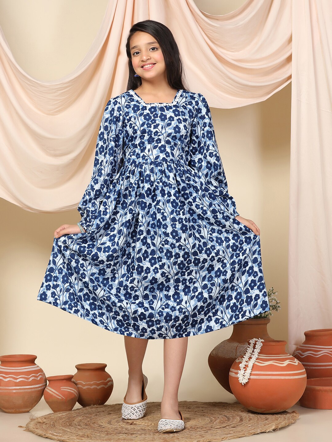 

FASHION DREAM Girls Floral Print Square Neck Puff Sleeves Cotton A-Line Midi Dress, Blue