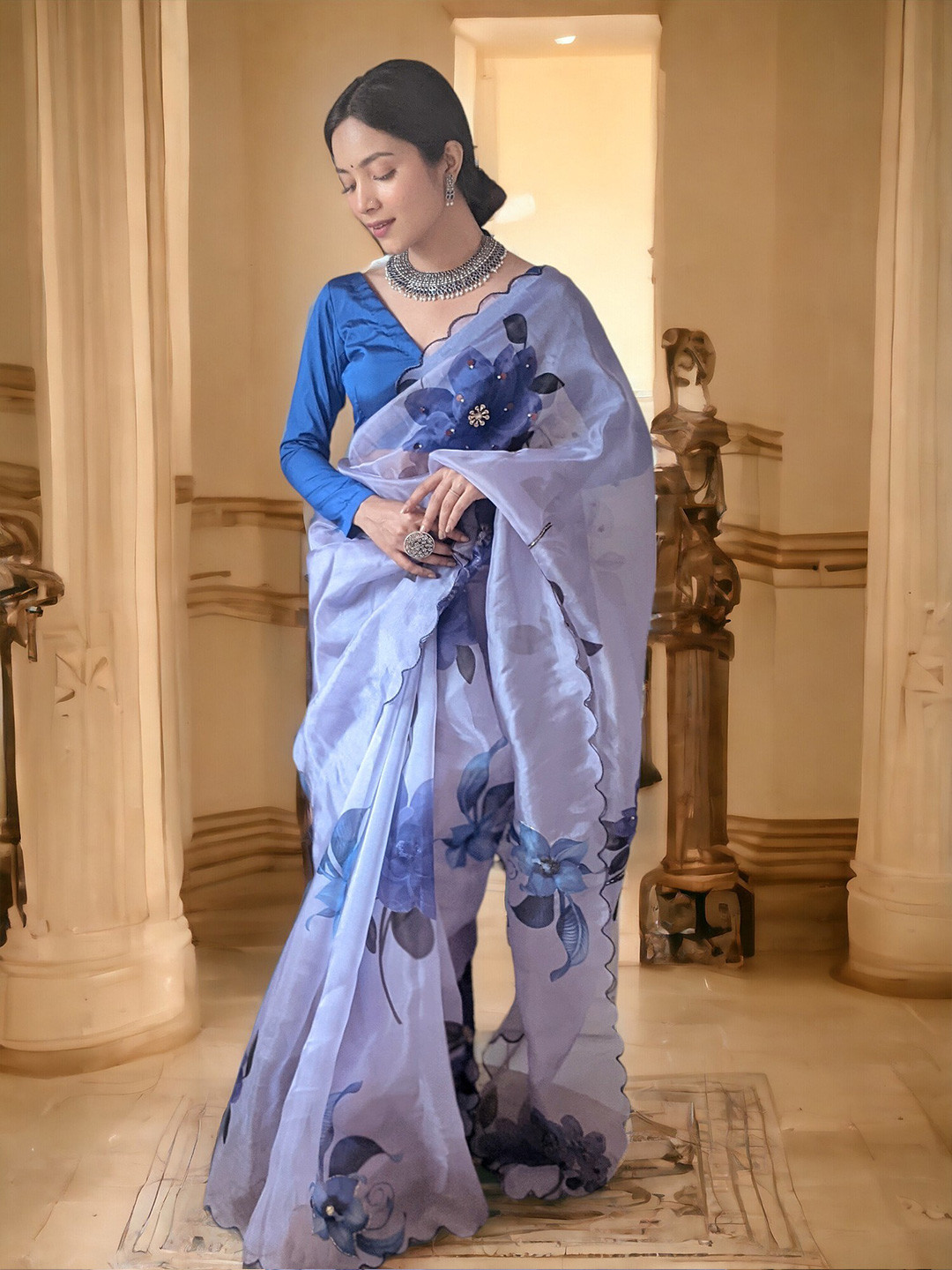 

Vastrasky Global Ethnic Motifs Beads and Stones Organza Saree, Blue
