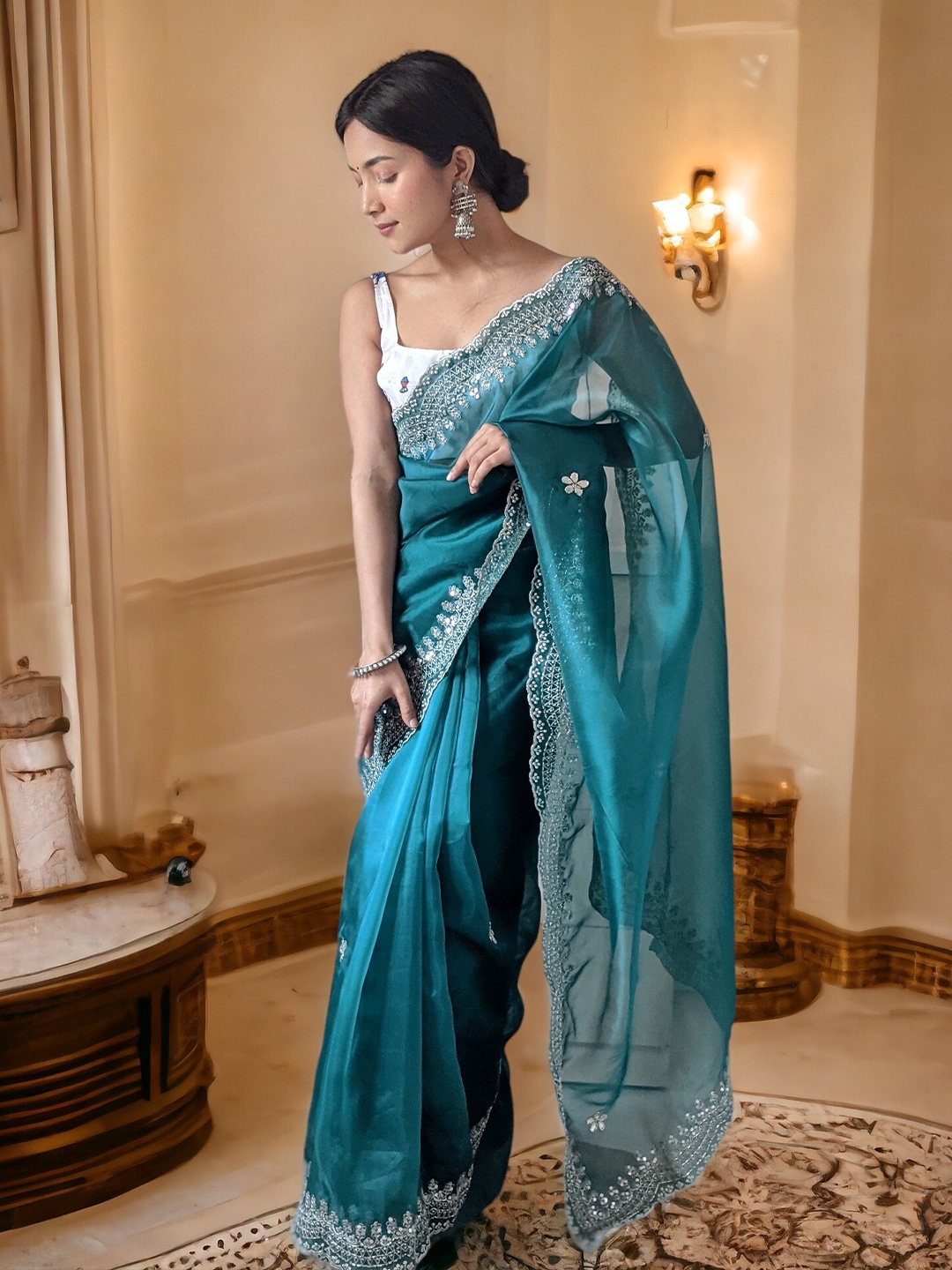 

Vastrasky Global Ethnic Motifs Beads and Stones Organza Saree, Teal