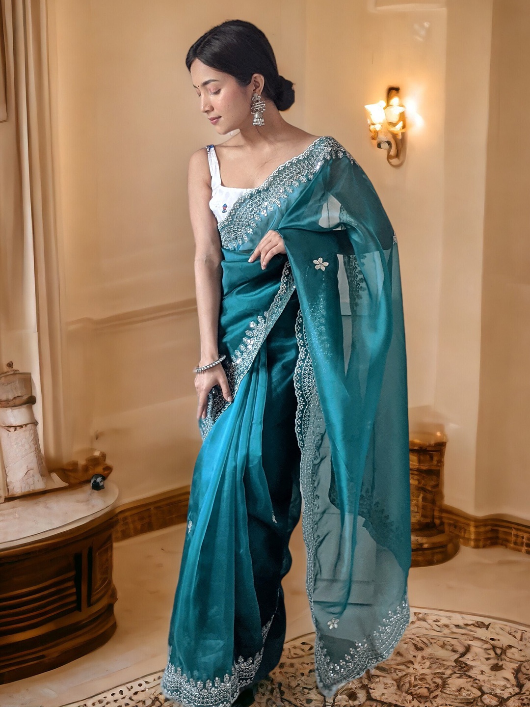 

Vastrasky Global Embellished Sequinned Organza Saree, Blue