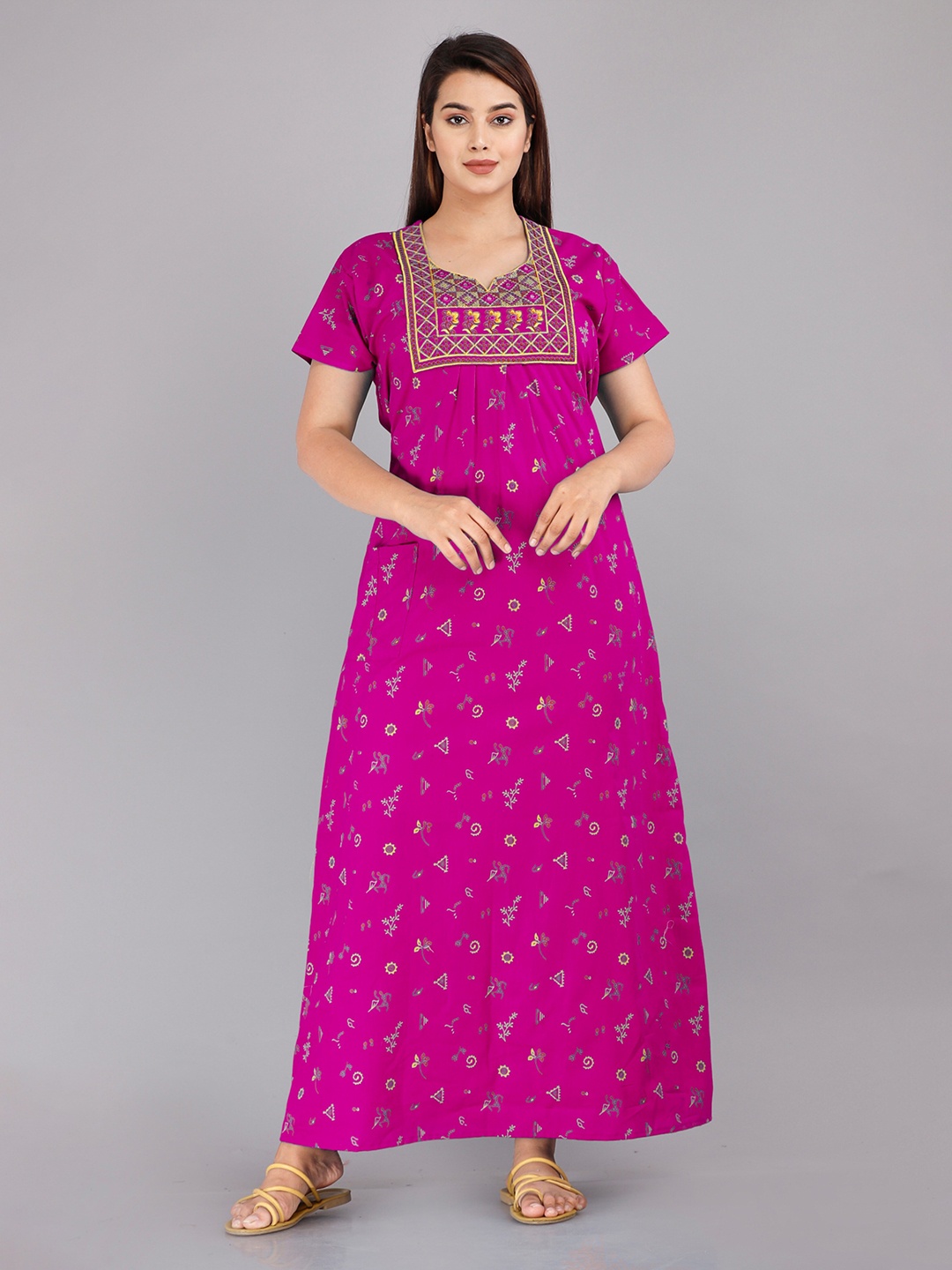 

MAYA PRINT Ethnic Motifs Printed And Embroidered Pure Cotton Maxi Nightdress, Pink